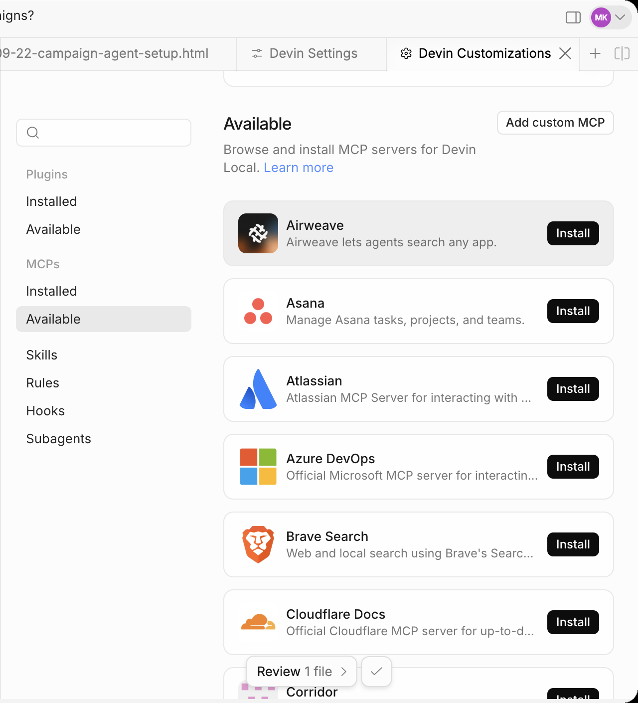 Step 3: Open the MCP marketplace